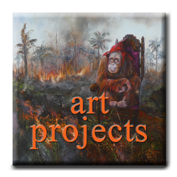 Orangutan on arm chair as jester with palm forest on fire