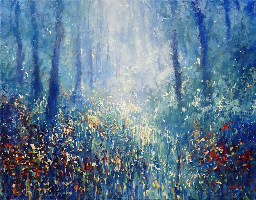 Landscape painting “Blue Forest” by Mariusz Kaldowski — acrylic on canvas, 80 × 100 cm