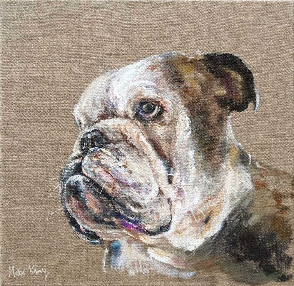 Painting of a bulldog in acrylic on a raw canvas by Kasia Kaldowski.