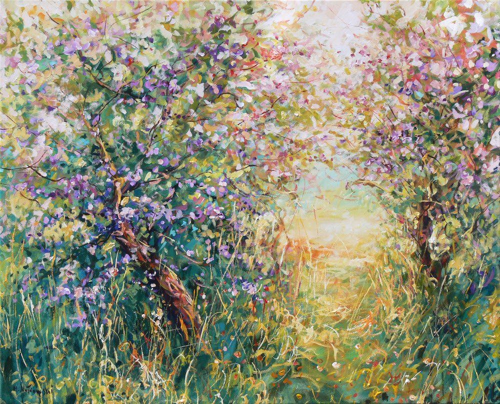 Landscape painting “Cherry Trees” by Mariusz Kaldowski — acrylic on canvas, 80 × 100 cm.  Commission Work.