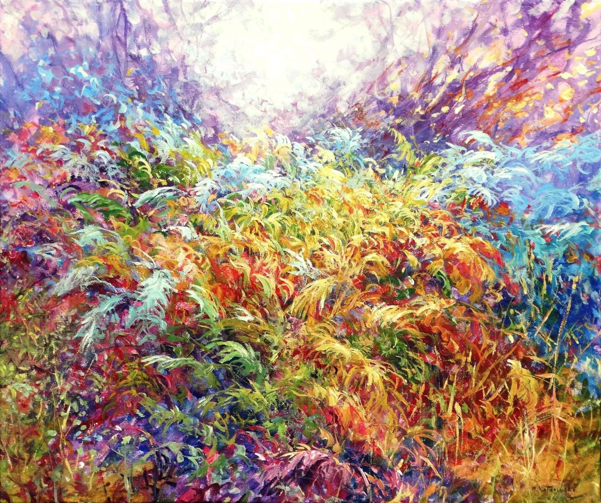 Fern Tapestry – Painting by Mariusz Kaldowski, acrylic woodland artwork of ferns and leaves forming a glowing tapestry