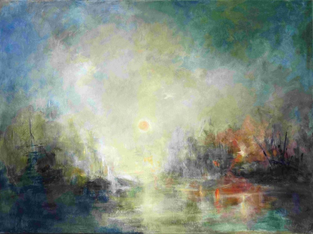 Turner-inspired seascape by Kasia Kaldowski, acrylic on canvas with glowing sunset sky.