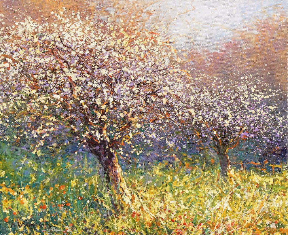 Landscape painting “Orchard in ” by Mariusz Kaldowski — acrylic on canvas, 100 × 120 cm