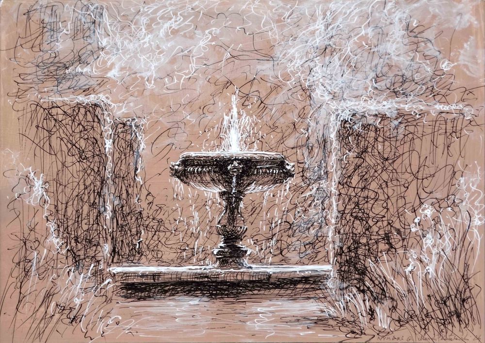 Nymans 2024 pen and ink drawing by Mariusz Kaldowski, inspired by National Trust gardens, fountain at the park
