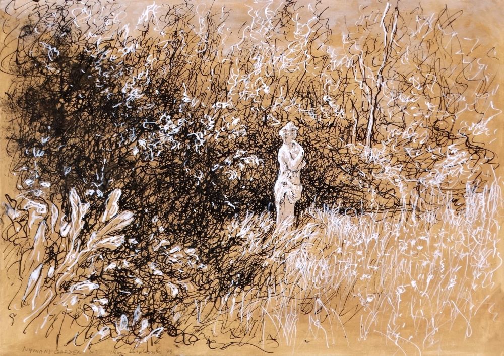 Nymans 2024 pen and ink drawing by Mariusz Kaldowski, inspired by National Trust gardens, statue at the park