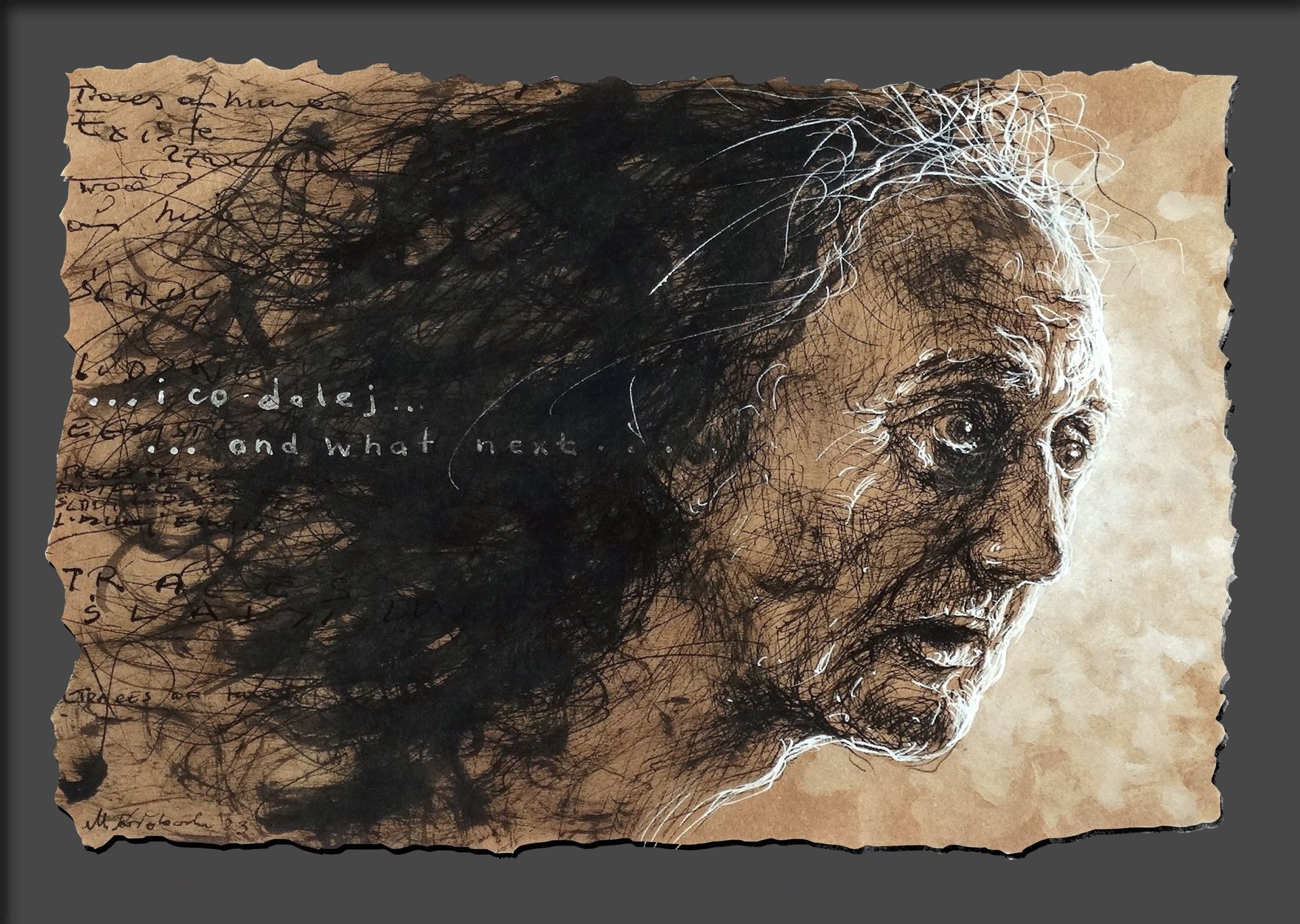 Study drawing of a man’s face with strong expression by Mariusz Kaldowski