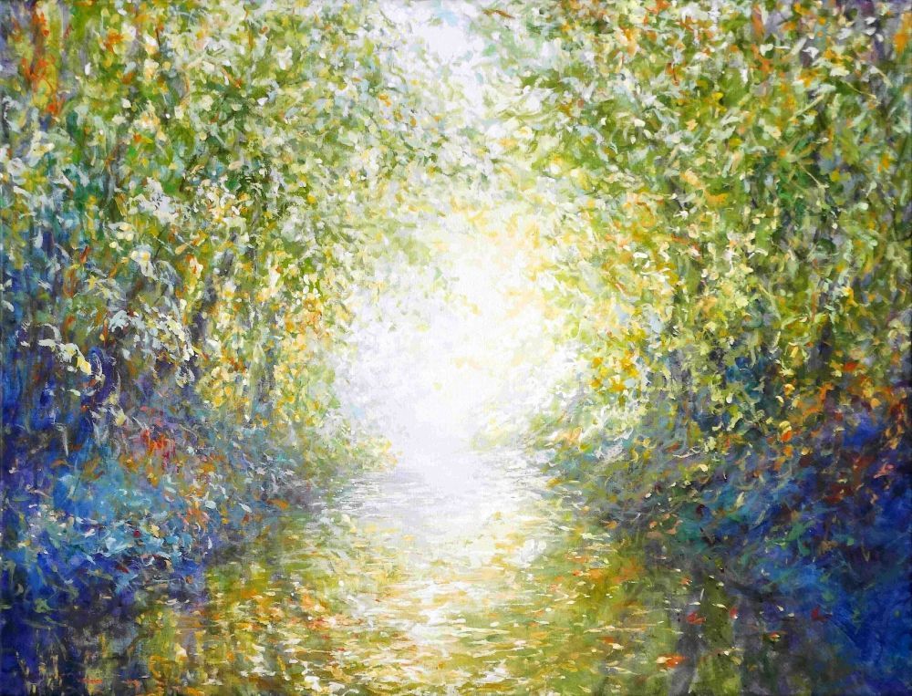 painting by Mariusz Kaldowski of a river flowing through a forest