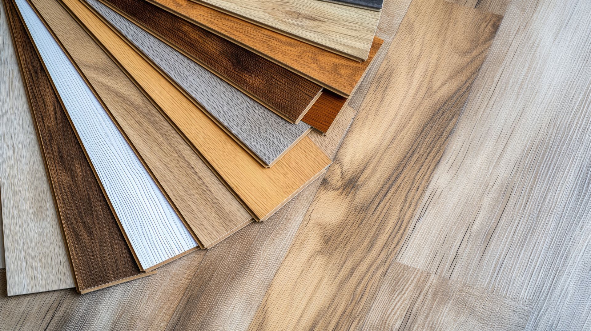 Variety of wood flooring samples fanned out on a larger plank with different colors and textures.