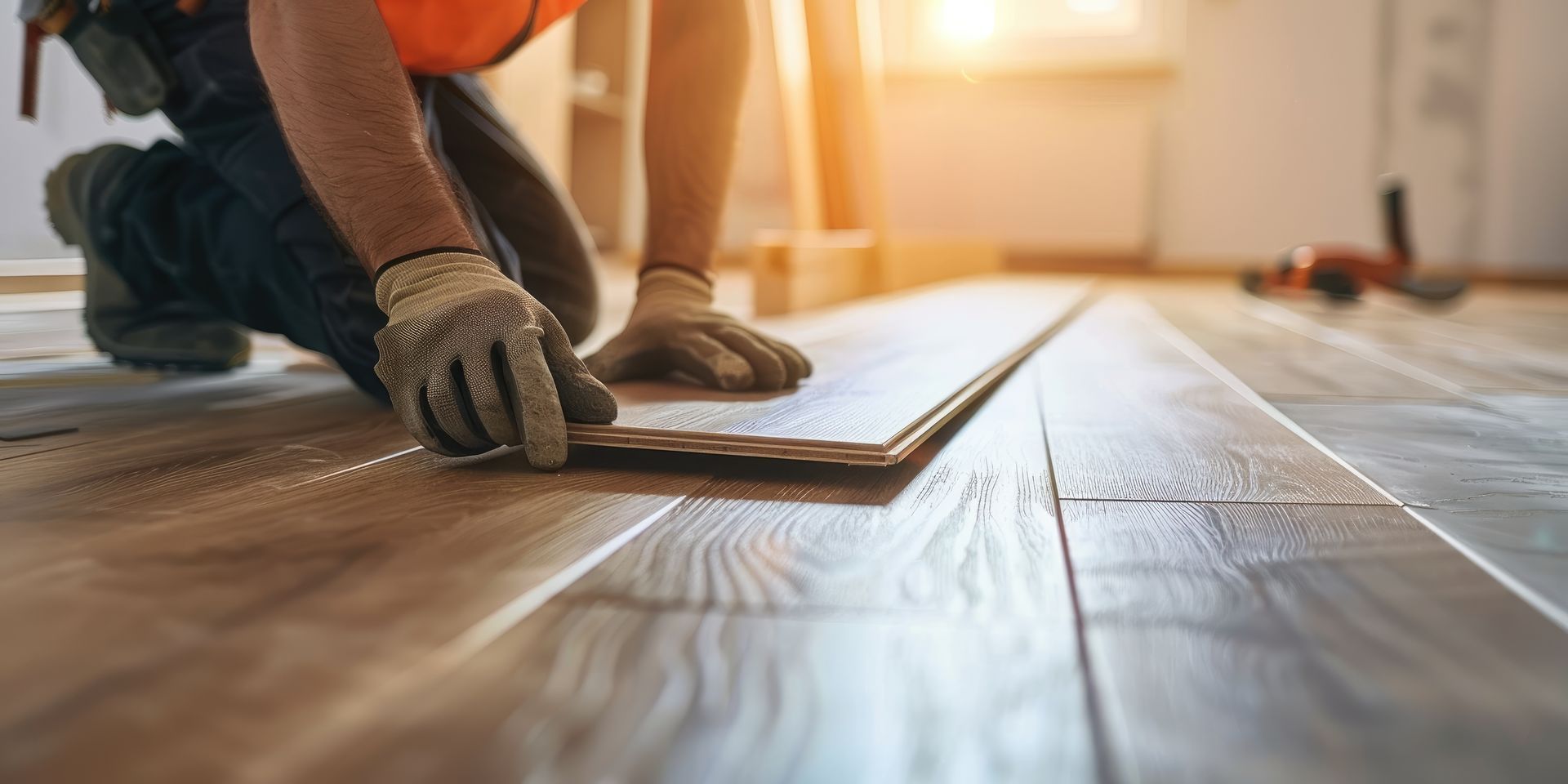 Person installing wooden flooring, kneeling with gloves and orange vest. Sunlight streams in from a window.