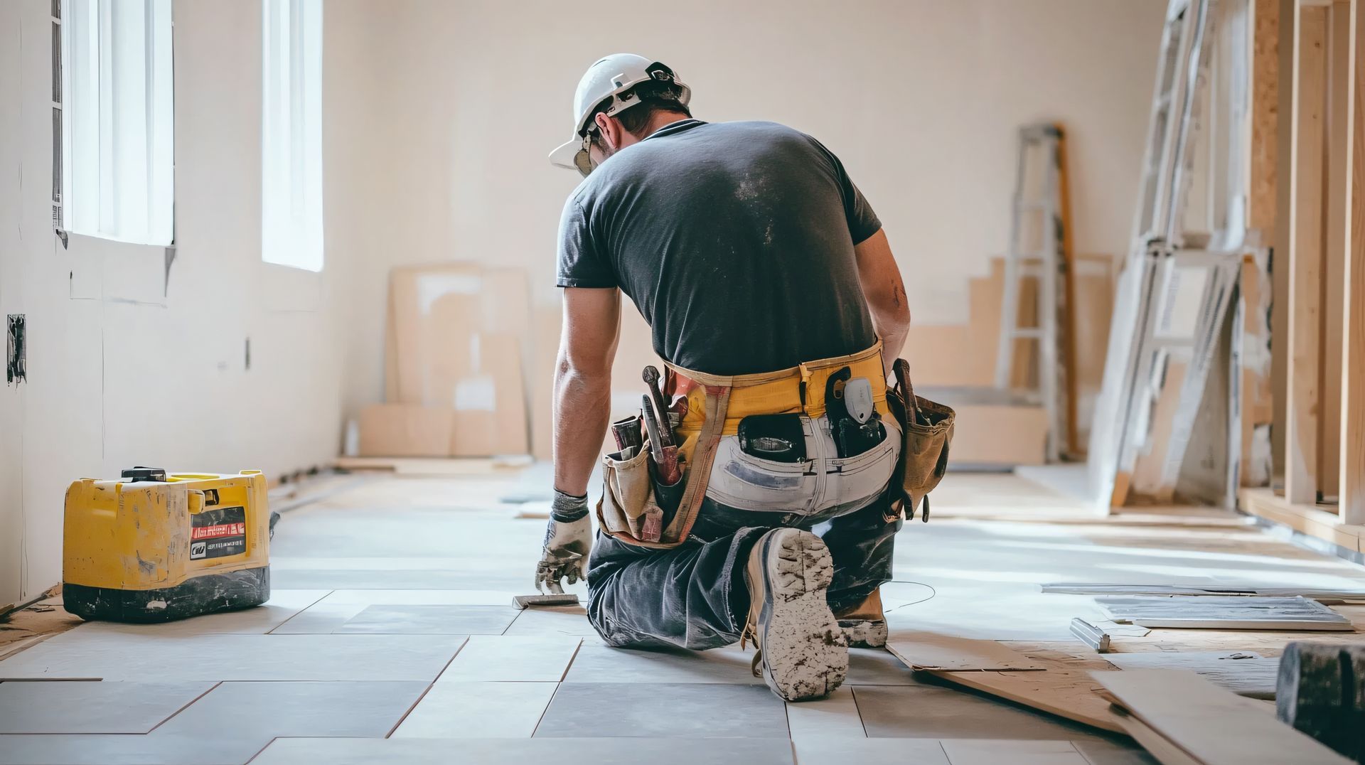 Construction worker kneeling, installing flooring in a room, wearing a tool belt and hard hat.