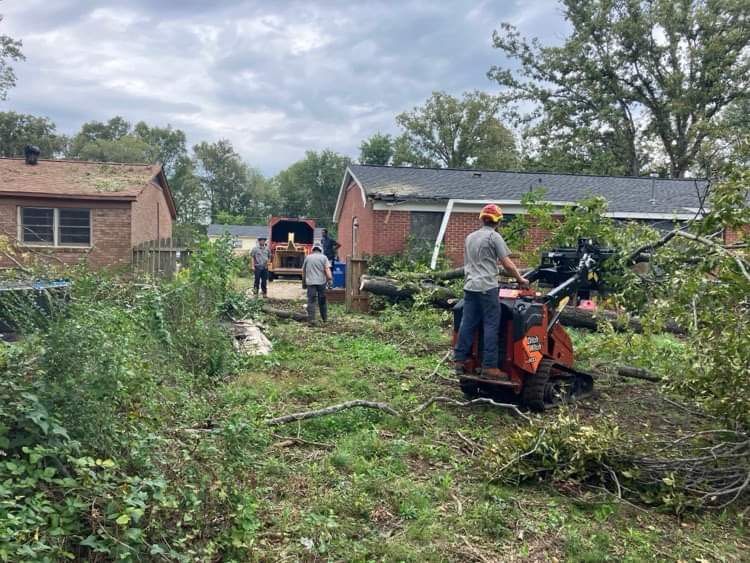 Workers clear fallen tree debris from a residential property using a small tracked loader.