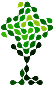 An abstract logo of a tree formed by interconnected dark and light green droplet shapes on a white background.