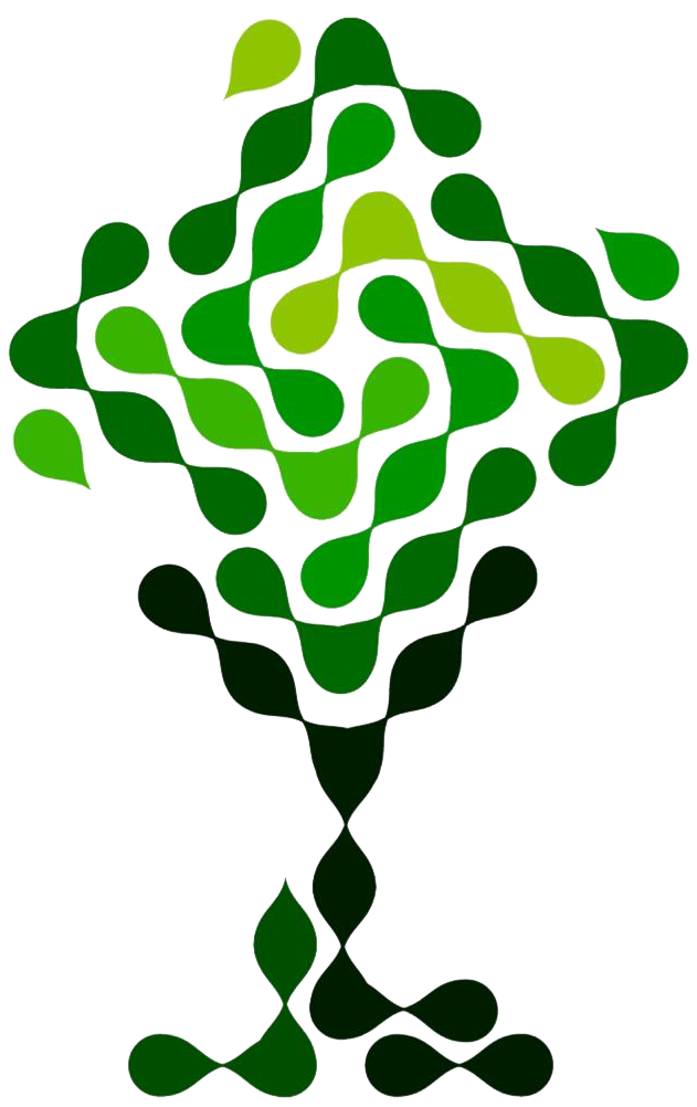An abstract logo of a tree formed by interconnected dark and light green droplet shapes on a white background.