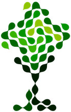 An abstract logo of a tree formed by interconnected dark and light green droplet shapes on a white background.