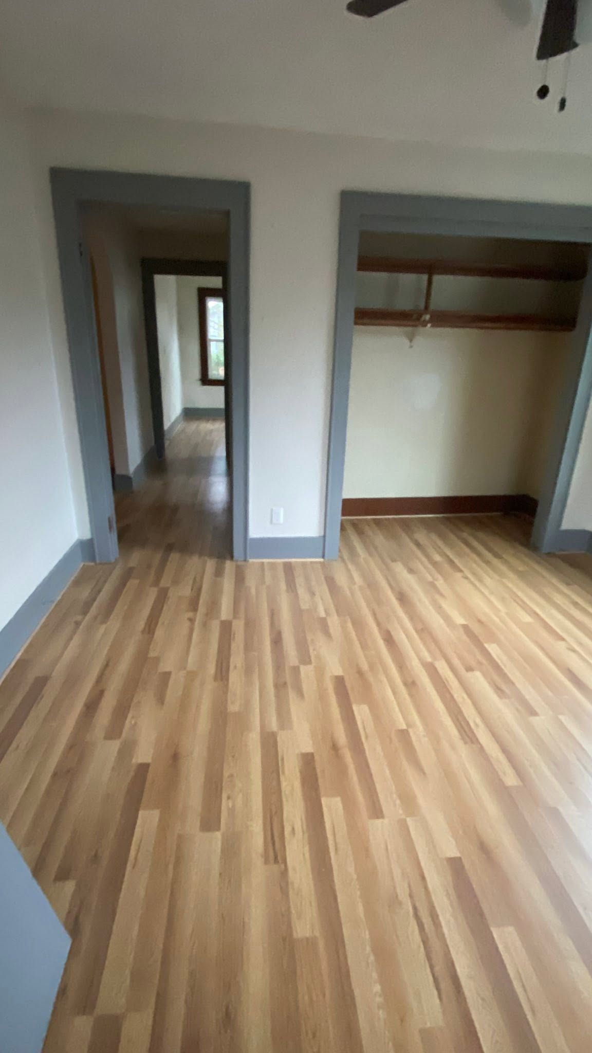 Empty room with light wood floor, gray doorways, and an open closet alcove.