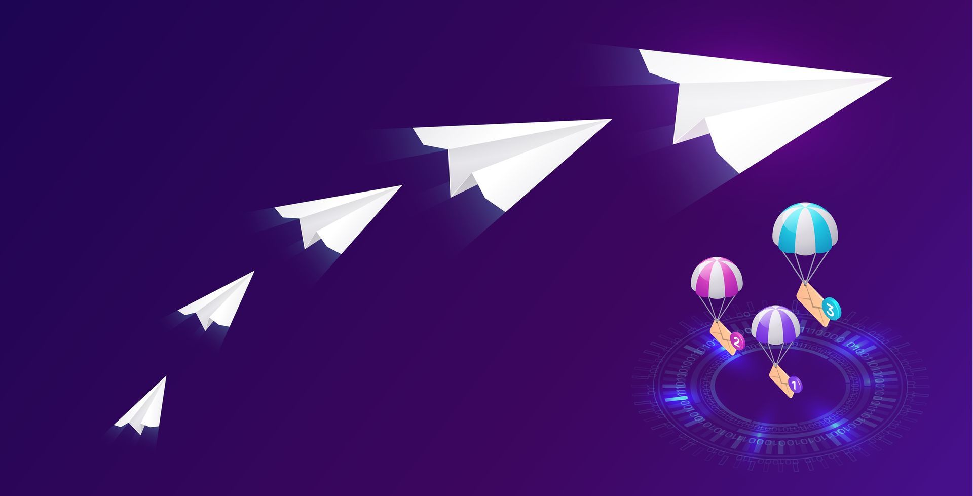 Email messages flying like paper airplanes on a vibrant purple background. A creative way to communicate digitally. ✉️🛩️