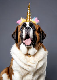 A saint bernard dog wearing a colorful unicorn headband with a gold horn, looking at the camera with its tongue out