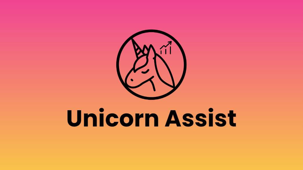 Unicorn Growth Logo with the Unicorn Assist product name on a gradient pink to orange background.