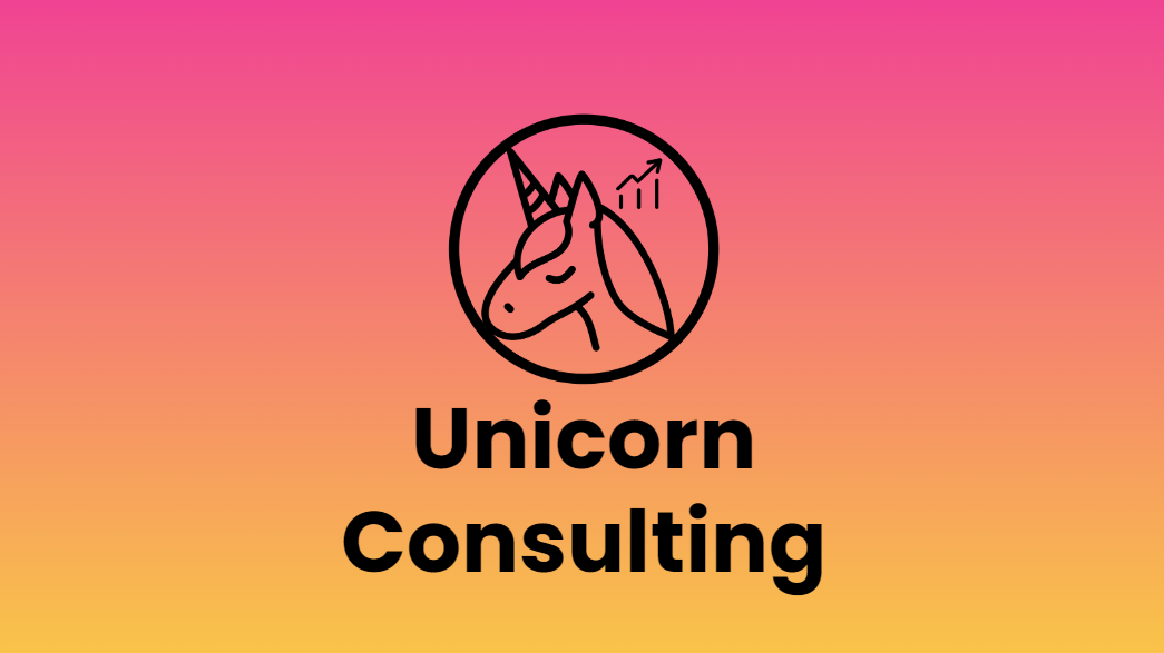 Unicorn Growth Logo with the Unicorn Consulting product name on a gradient pink to orange background.