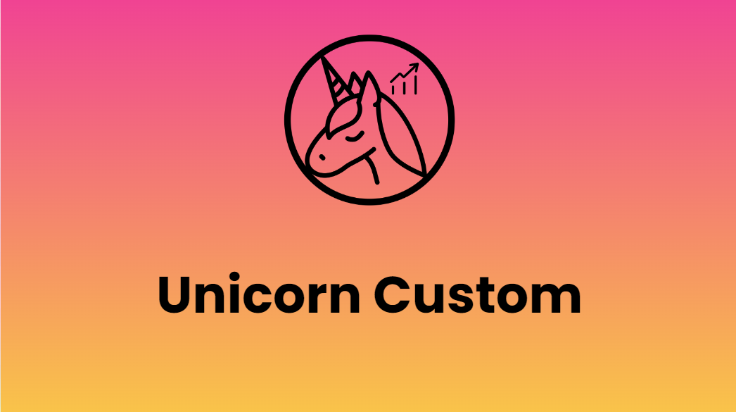 Unicorn Growth Logo with the Unicorn Custom product name on a gradient pink to orange background.