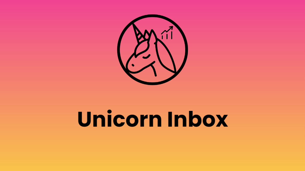 Unicorn Growth Logo with the Unicorn Inbox product name on a gradient pink to orange background.