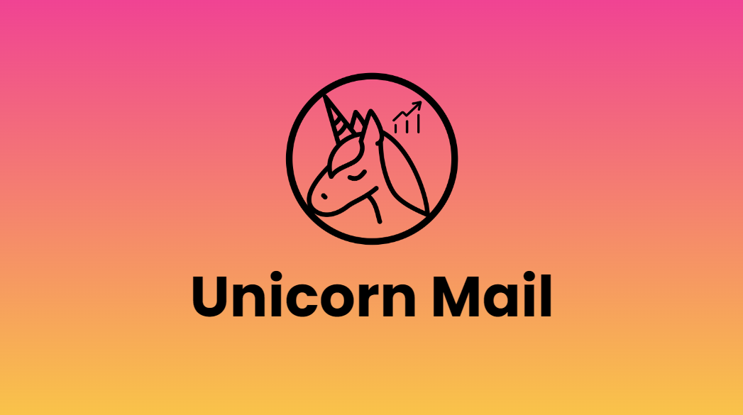 Unicorn Growth Logo with the Unicorn Mail product name on a gradient pink to orange background.