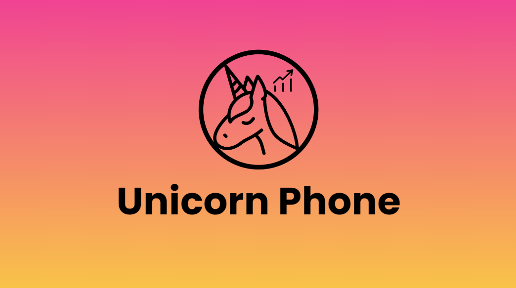 Unicorn Growth Logo with the Unicorn Phone product name on a gradient pink to orange background.