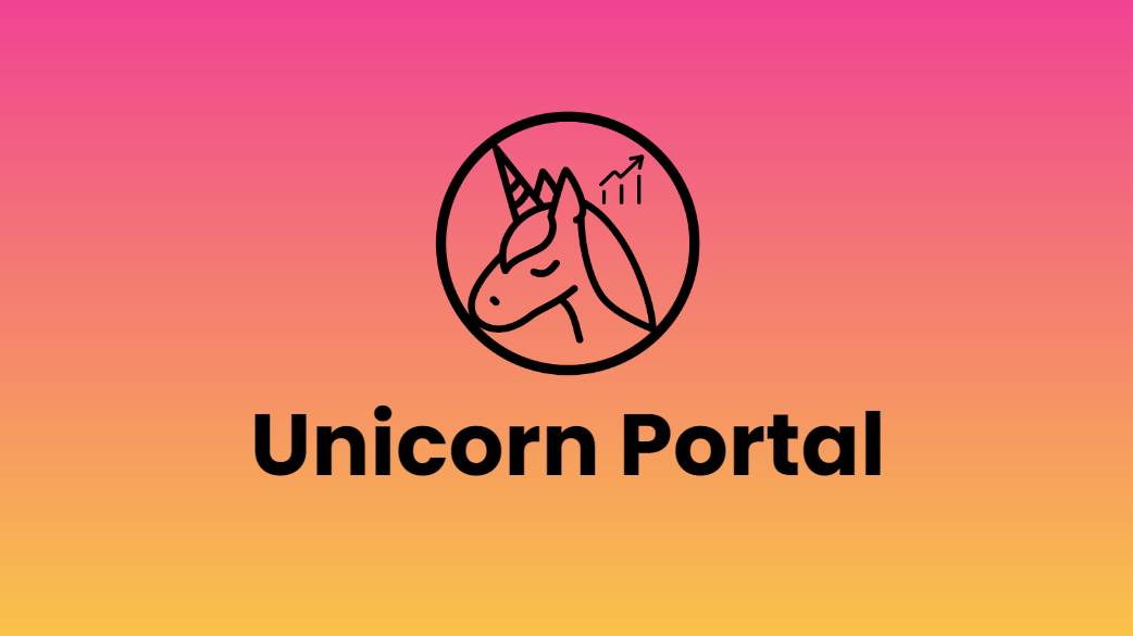 Unicorn Growth Logo with the Unicorn Portal product name on a gradient pink to orange background.