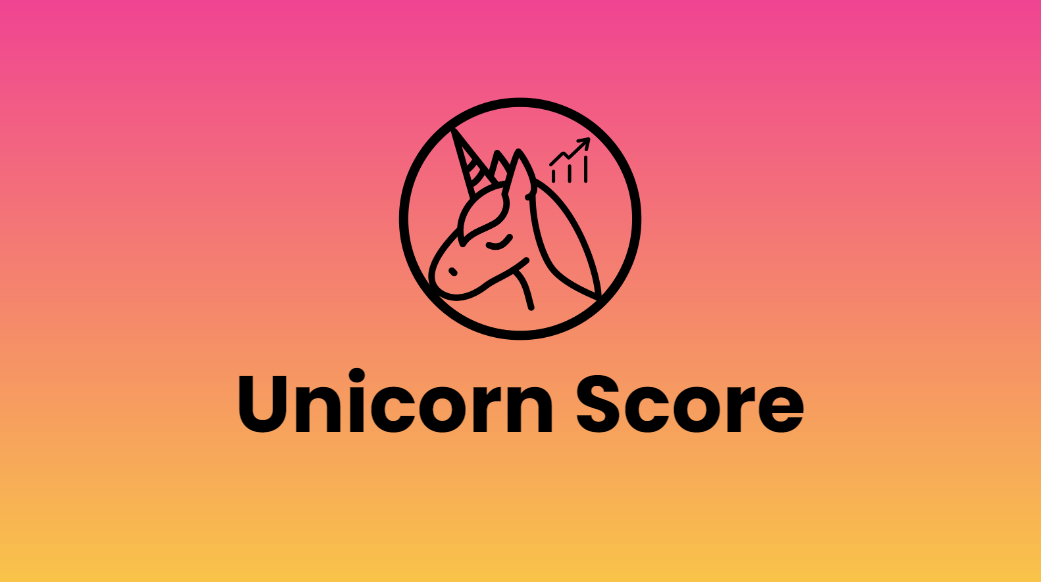 Unicorn Growth Logo with the Unicorn Score product name on a gradient pink to orange background.