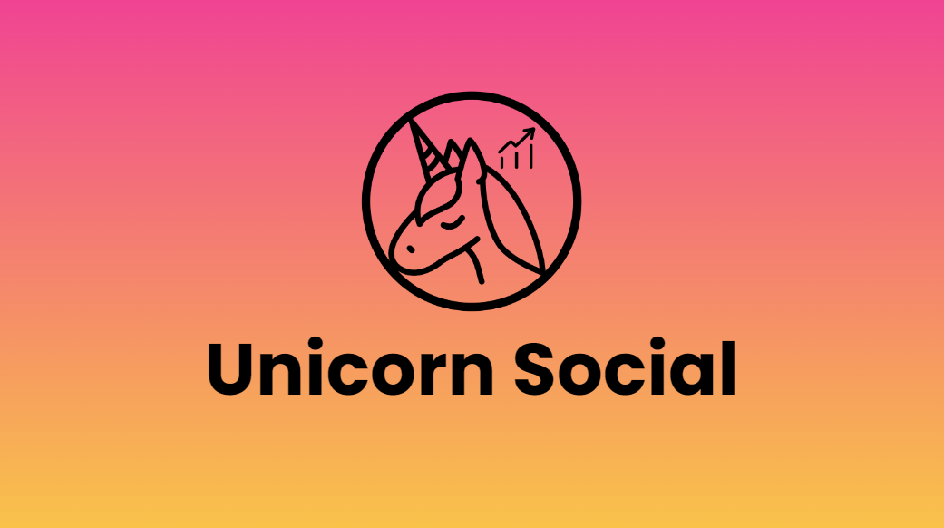 Unicorn Growth Logo with the Unicorn Social product name on a gradient pink to orange background.