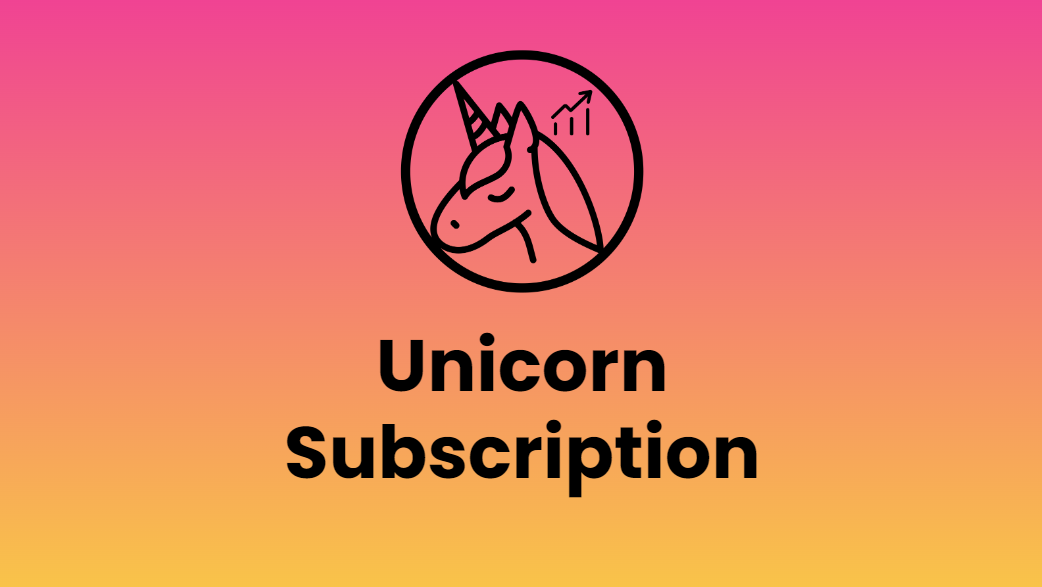 Unicorn Growth Logo with the Unicorn Subscription pricing model name on a gradient pink to orange background.