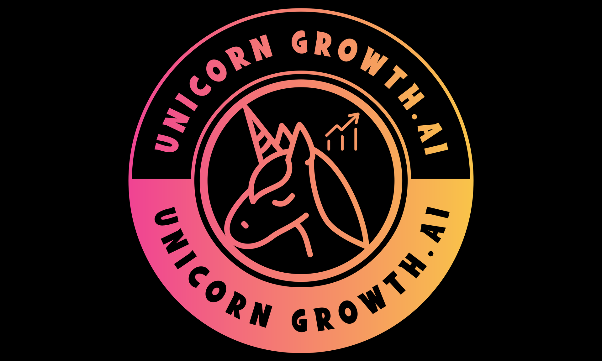 Logo of unicorn growth.ai featuring a stylized unicorn head with a graph inside a circular pink and black emblem.