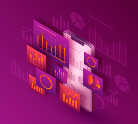 A smartphone displaying colorful graphs and charts.