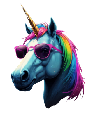 A unicorn wearing sunglasses on its head, with a rainbow mane and golden horn, looking cool and stylish.