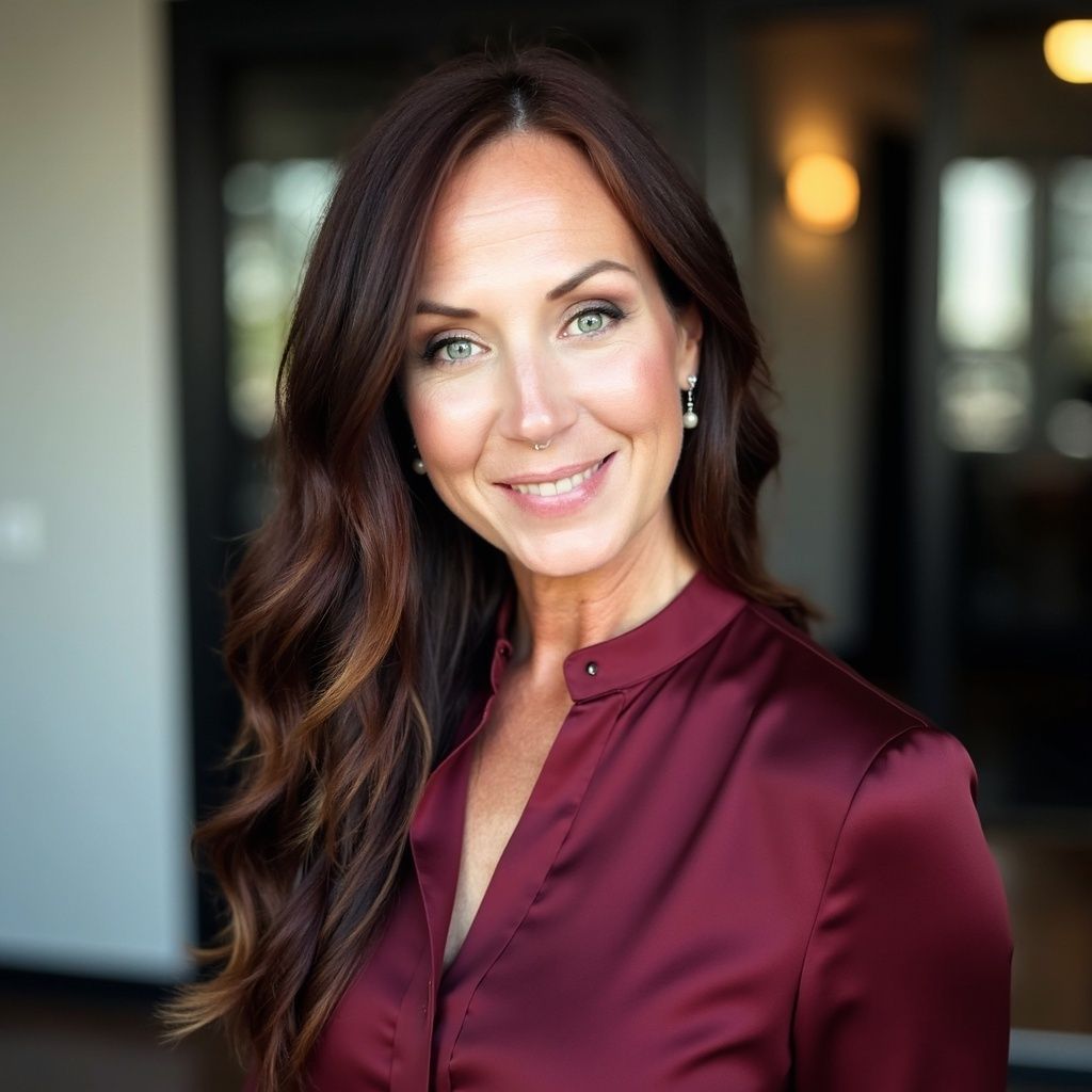 A man in a suit shakes hands with another man in a blue shirt