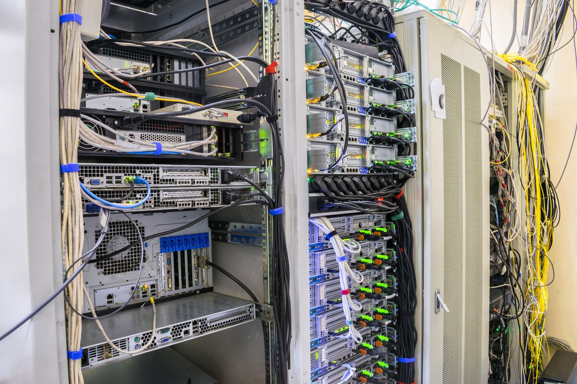 Server Racks Filled with Electronic Equipment and Cables — SJD Electrical Contracting in Cowra, NSW