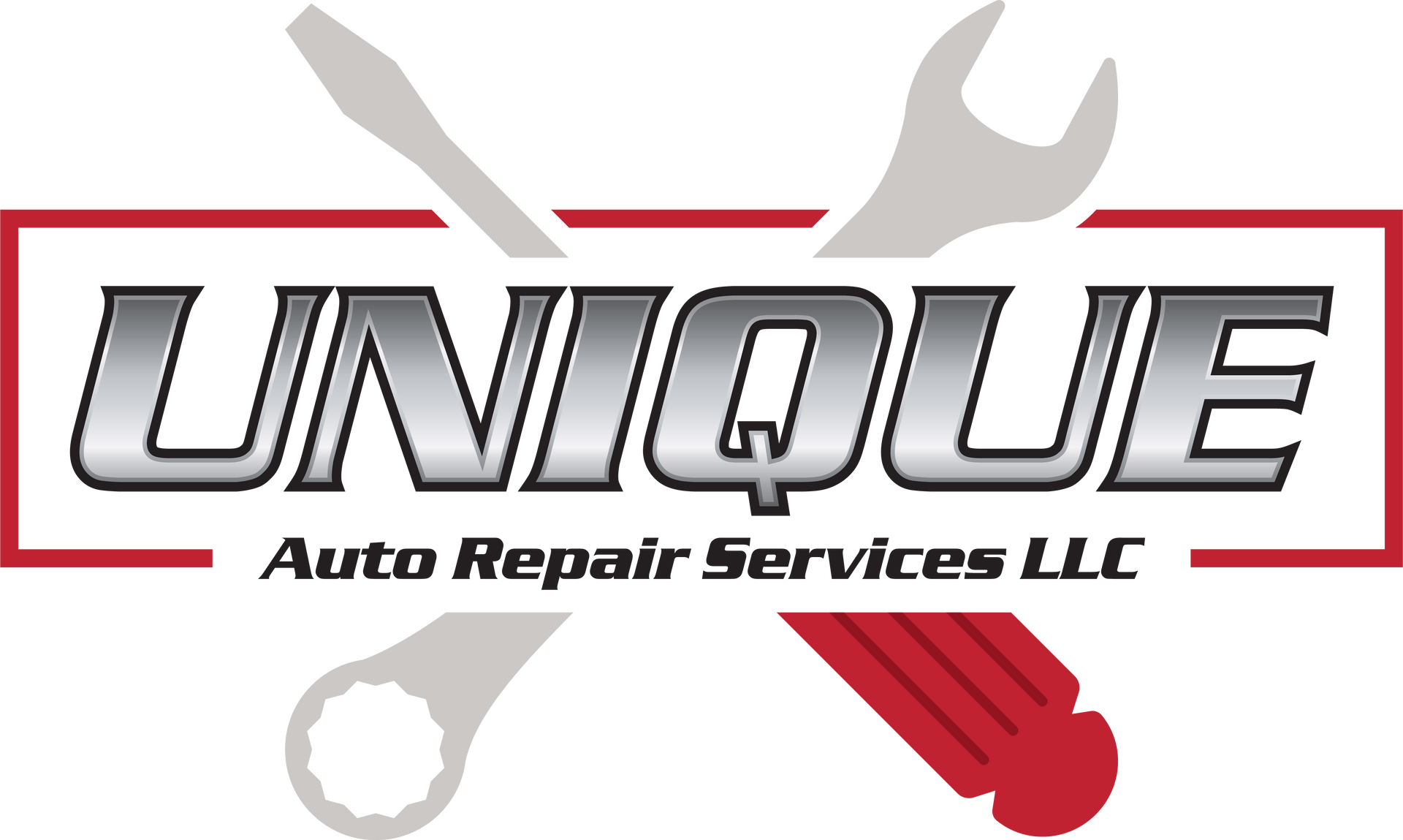 Logo for Unique Auto Repair Services LLC: Silver text in a red-bordered rectangle, with crossed tools in the background.
