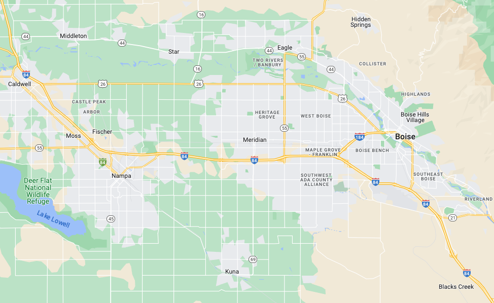 Map showing excavation service boundaries for Preferred Excavation in Garden Valley, Idaho