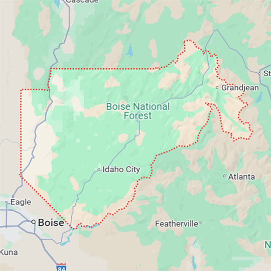 Map outlining Preferred Excavation’s excavation service boundaries within Boise County, ID
