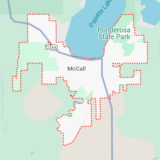 Service area map for septic system work in McCall, Idaho and surrounding project zones