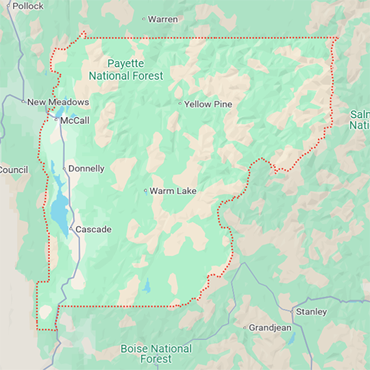 Map outlining Preferred Excavation dump truck service boundaries within Valley County, ID
