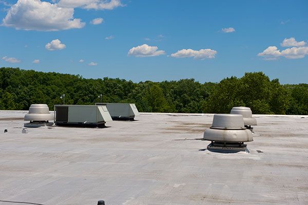 A flat commercial rooftop under a blue sky with several industrial HVAC units and exhaust vents, backed by green trees.