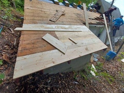 Two workers on a ladder repair the roof of a house, installing new plywood boards onto the wooden frame.