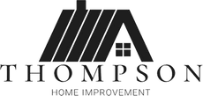 Logo for Thompson Home Improvement: a stylized black roof icon with a chimney and small window over the text.