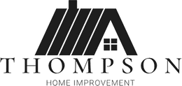 Logo for Thompson Home Improvement: a stylized black roof icon with a chimney and small window over the text.