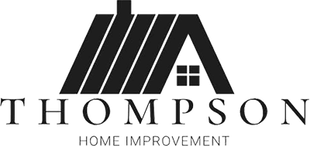 Logo for Thompson Home Improvement: a stylized black roof icon with a chimney and small window over the text.