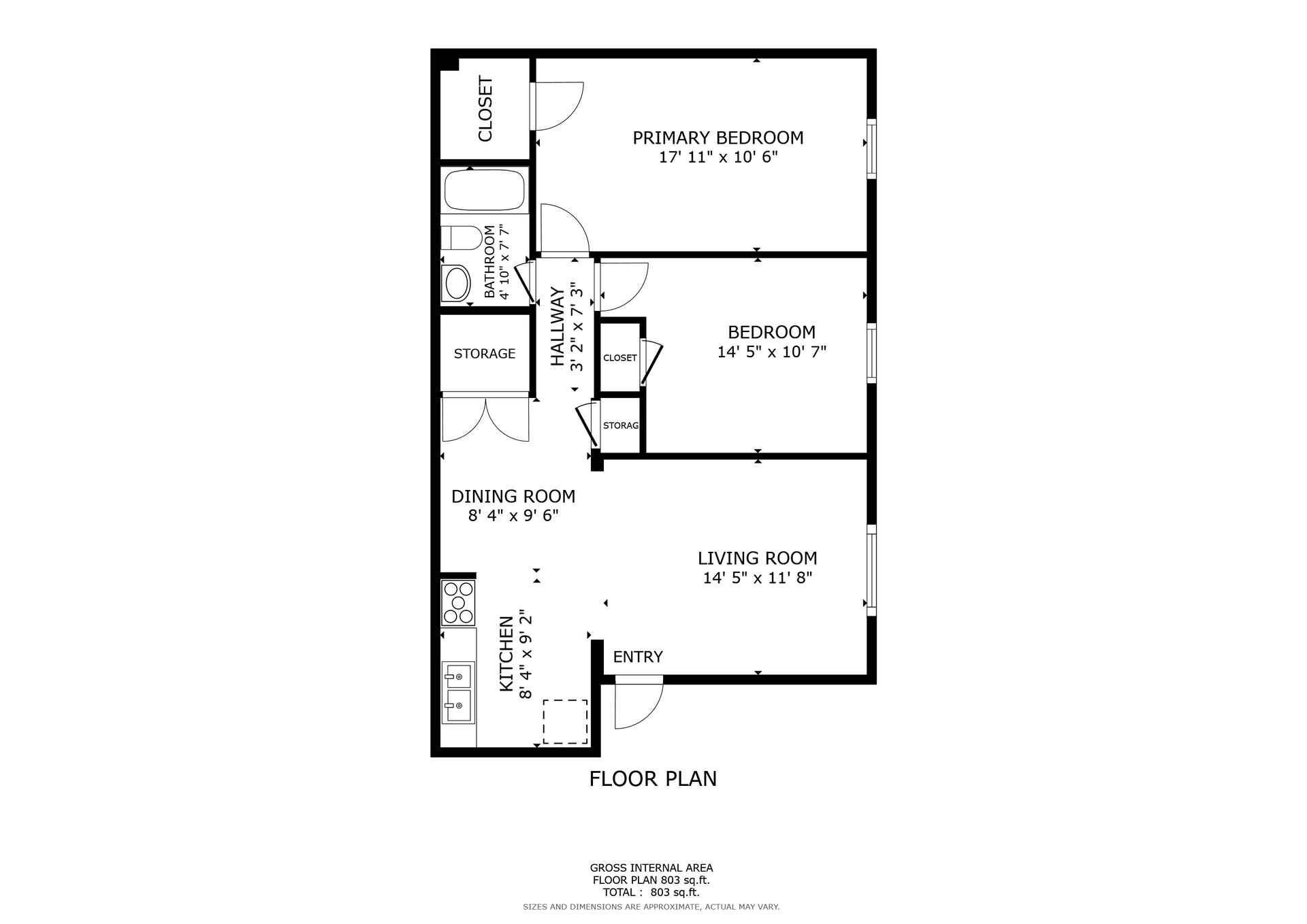 Black-and-white floor plan with labeled rooms and a narrow hall, shown from above.