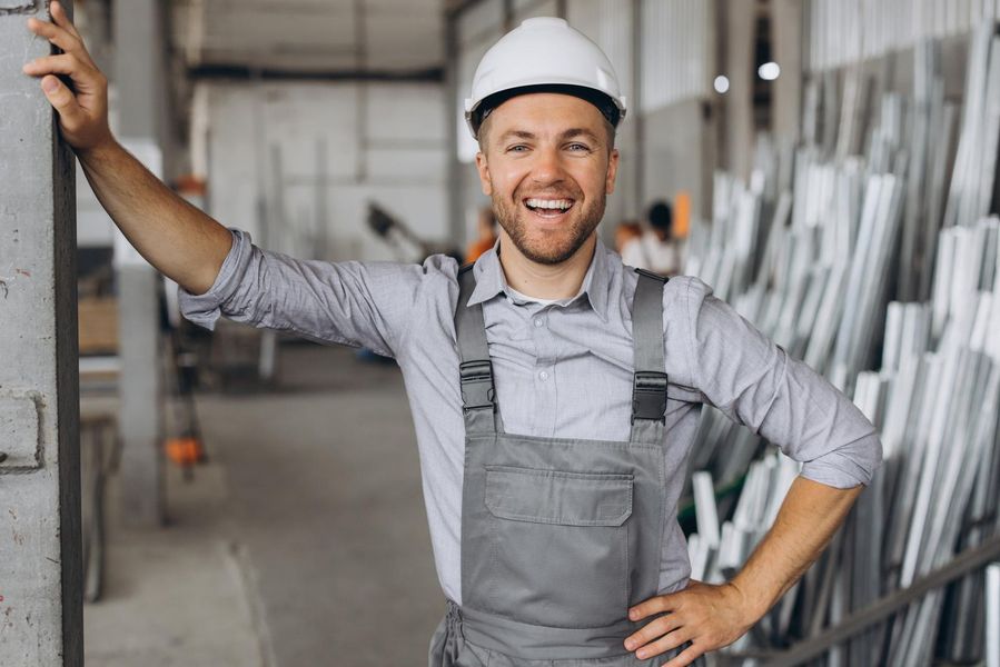 Construction worker in a white hard hat and grey overalls, smiling in a warehouse.
