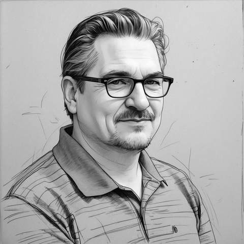 Man wearing glasses and a polo shirt, looking at the viewer. Sketch-like grayscale portrait.