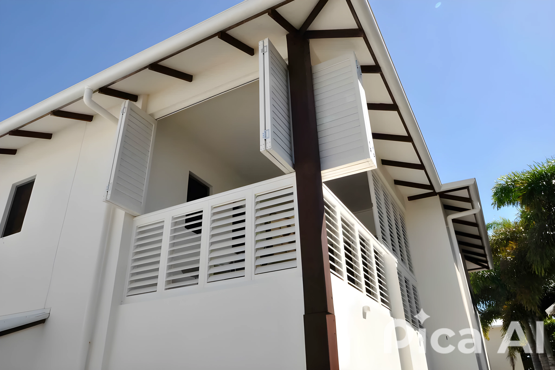A White Building With A Balcony — Balcony Shutters Australia In Moffat Beach, QLD
